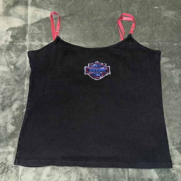 Harley-Davidson Tank Top Women XL Black Sequin Logo Y2K Red Straps Sturgis, MI - Picture 4 of 10
